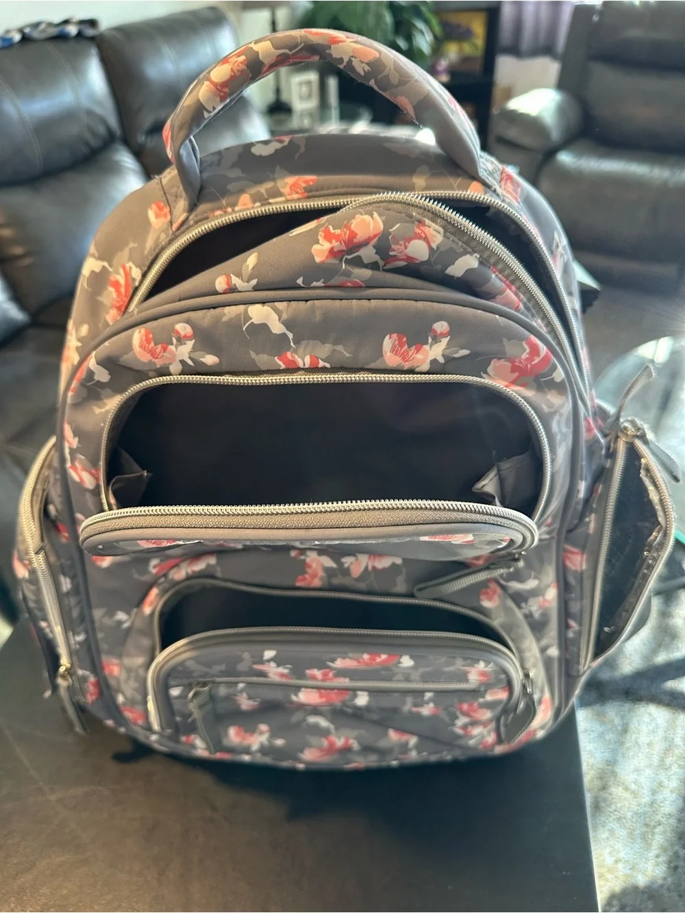 Bananafish Studio Floral Gray and Pinkish Peach Backpack Diaper Bag
